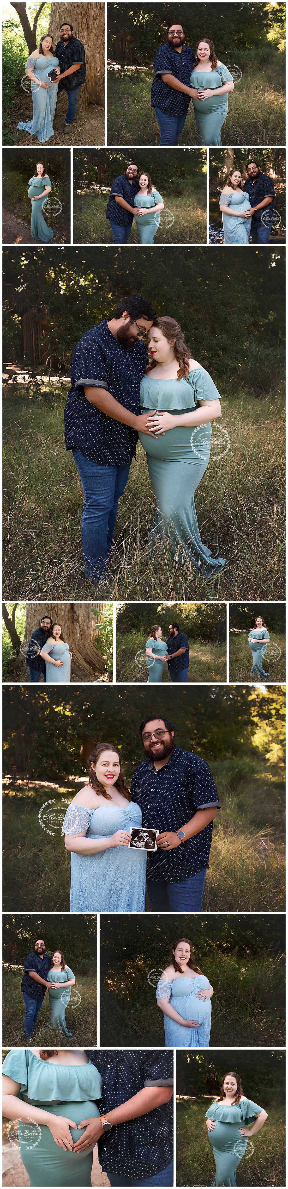 Maternity photography session featuring couple in blue dress and navy shirt against nature backdrop.