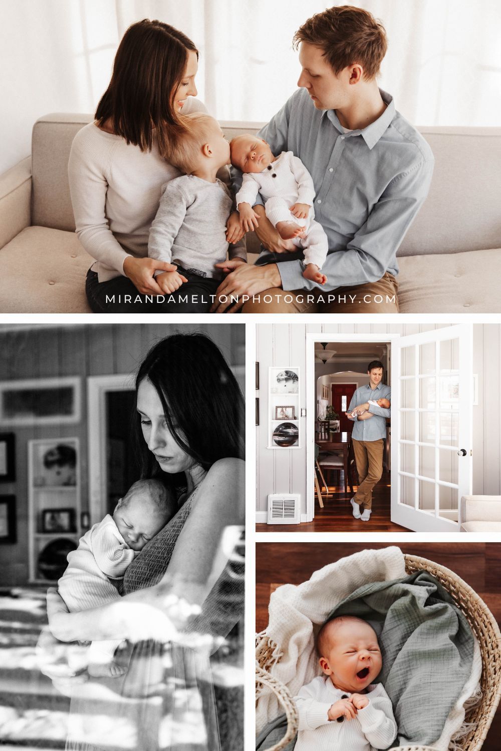 Collage of four lifestyle in-home newborn photos taken in a single room