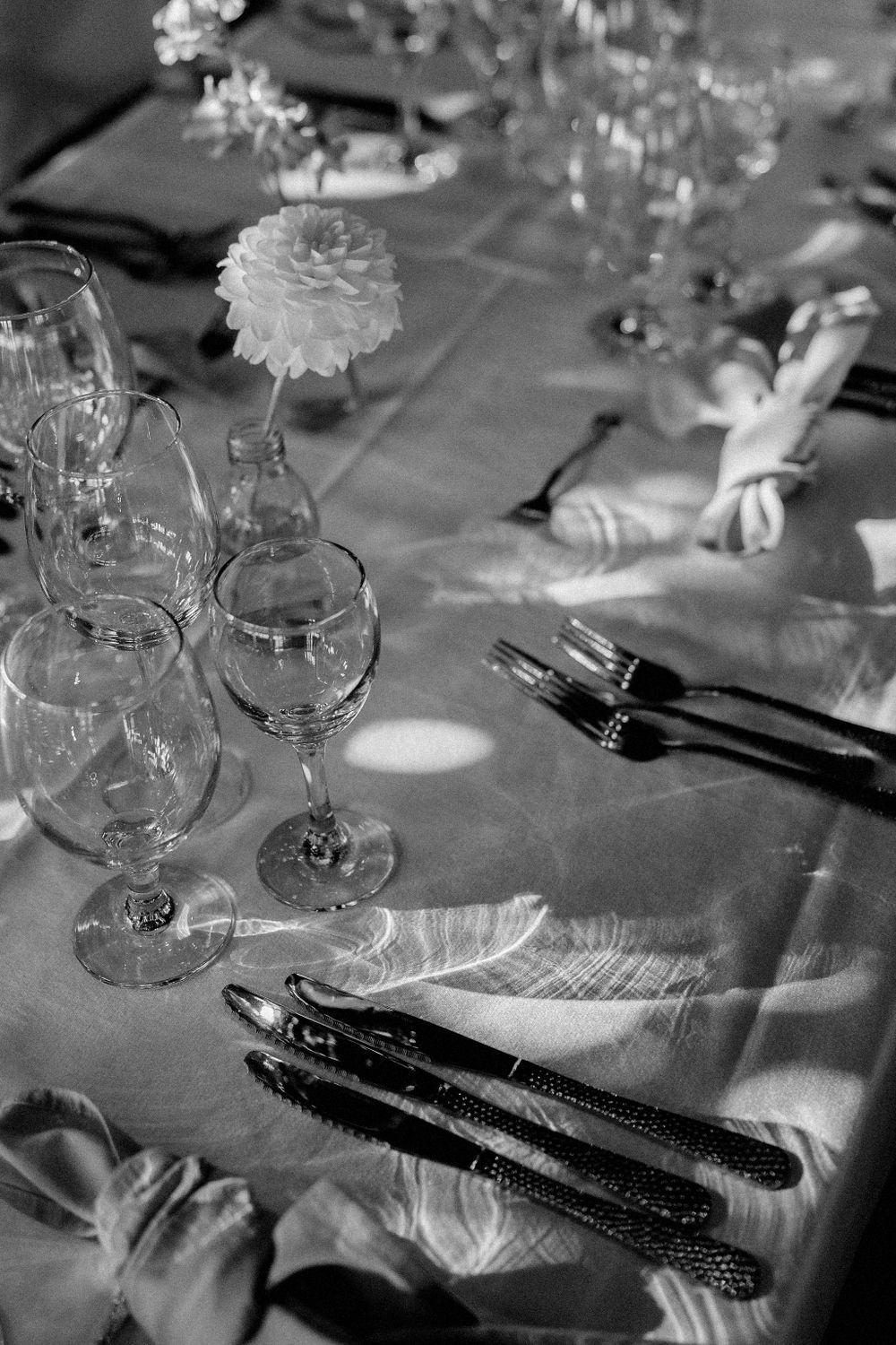 Black and white detail shot of formal place setting with wine glasses and white flower.