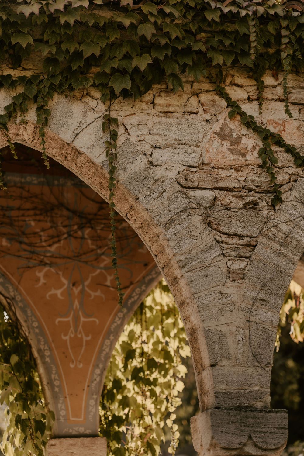 Historic stone archway covered in climbing ivy with sunlight filtering through.