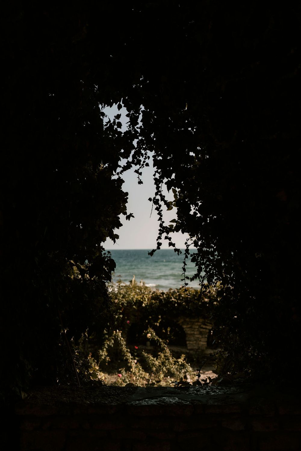 Ocean view framed through dark cave or tunnel opening with natural vegetation.