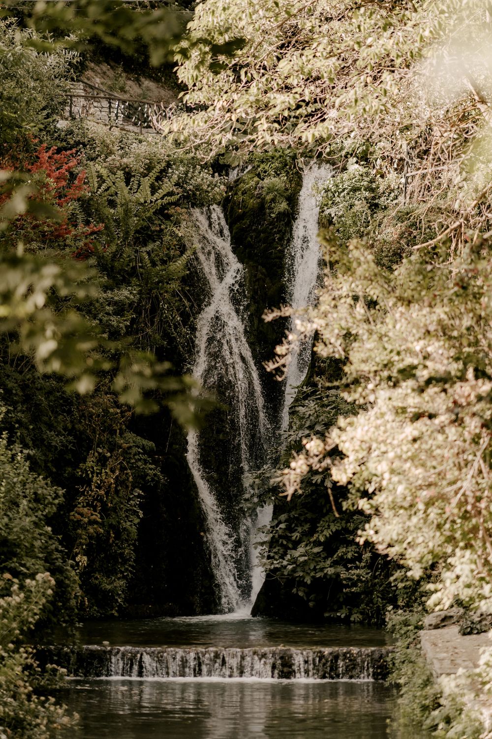 Scenic waterfall cascading through lush green foliage in natural setting.