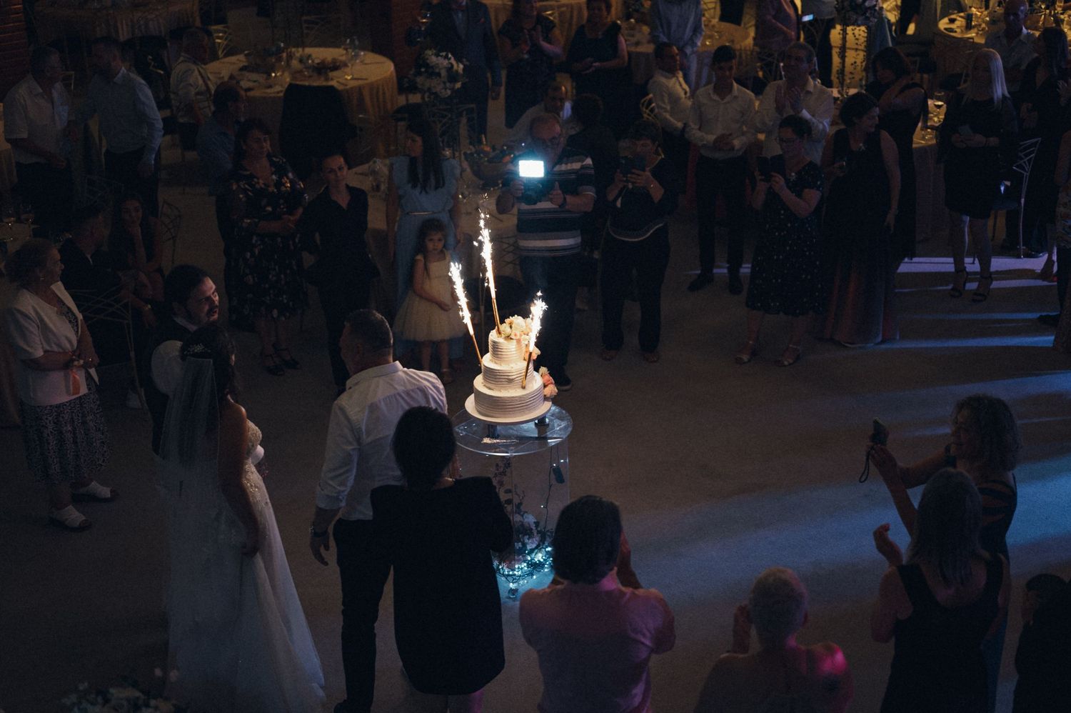 Wedding celebration at night with sparklers illuminating the cake cutting moment.