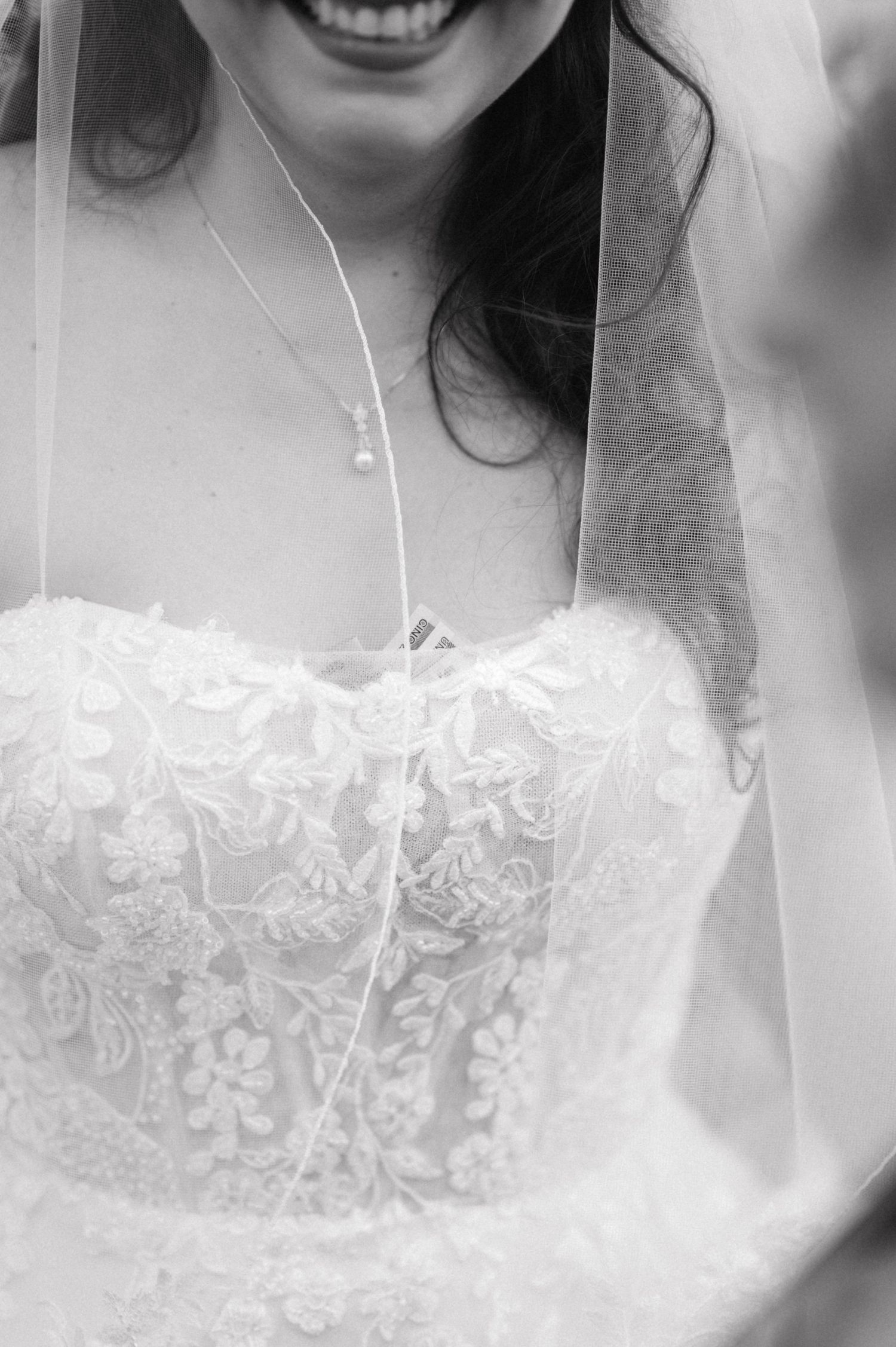Close-up detail of an elegant white lace wedding dress with delicate beading.