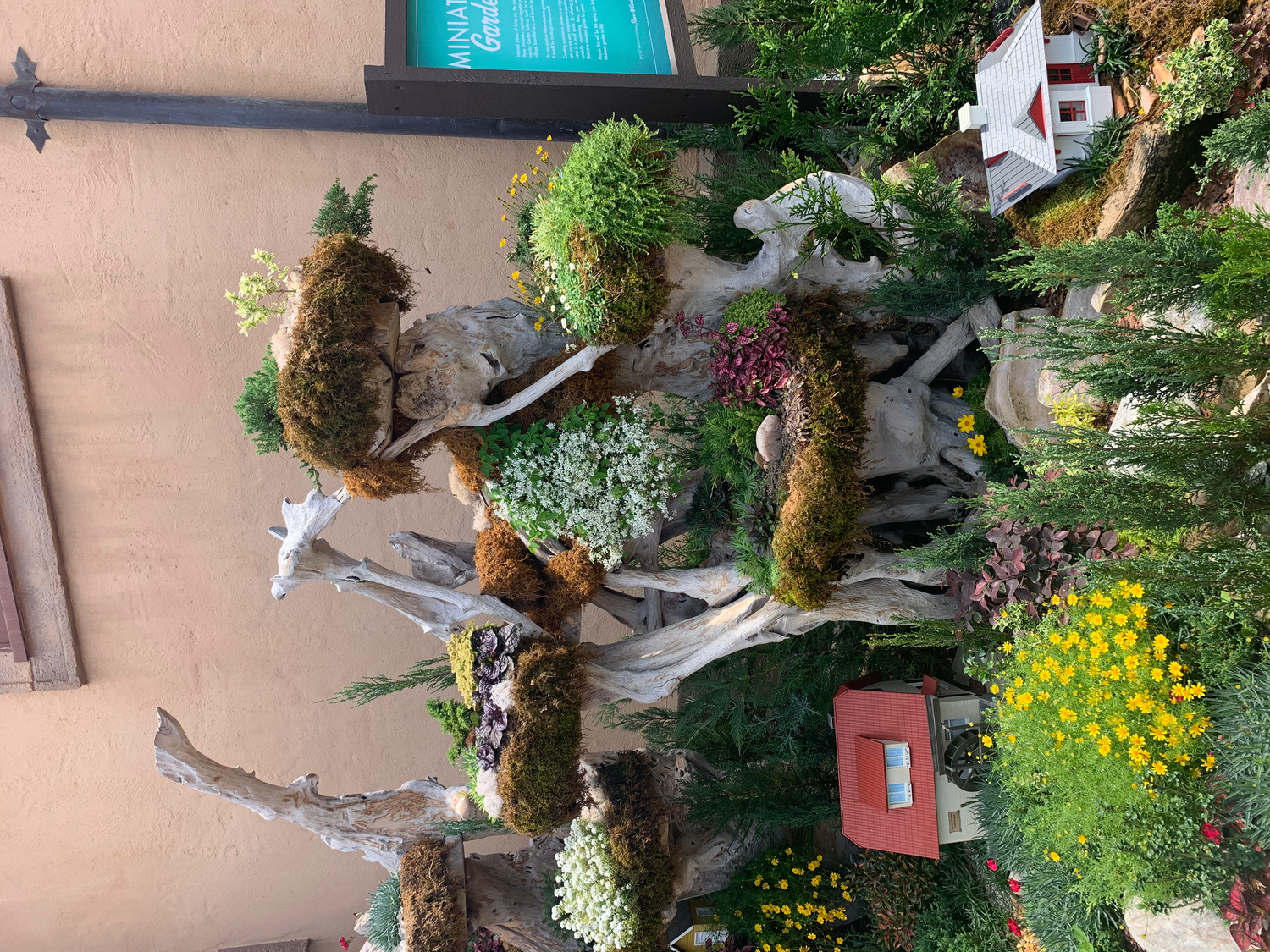 Garden pathway with lush greenery, flowering plants, and decorative architectural elements.