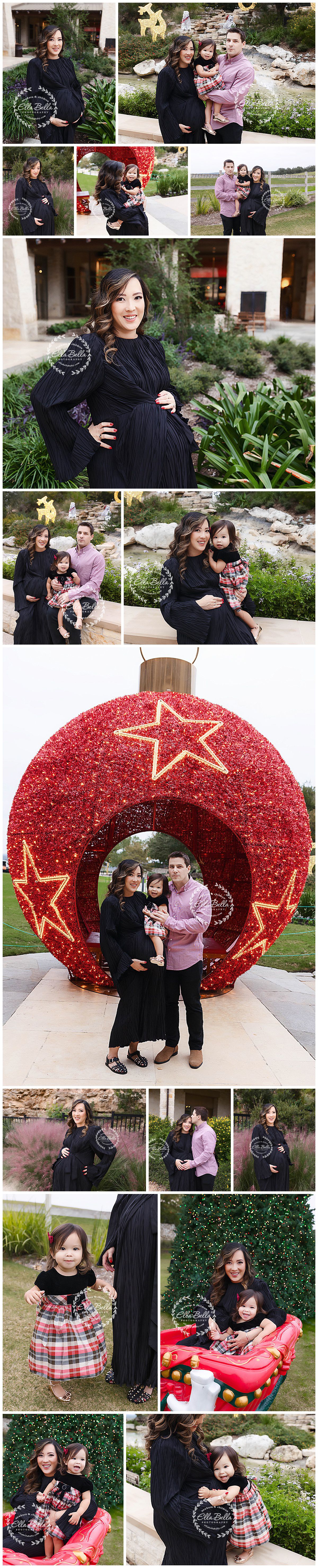 Professional maternity and family photoshoot featuring elegant black dress and festive red holiday ornament backdrop.