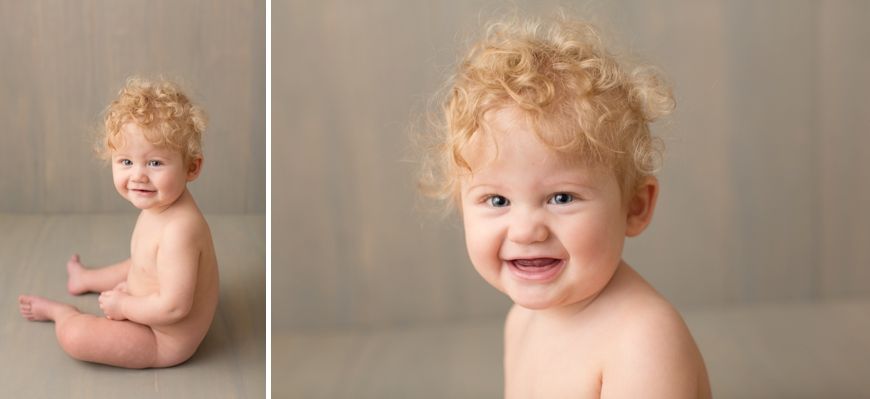 Two natural studio portraits of a toddler with curly hair sitting and smiling.