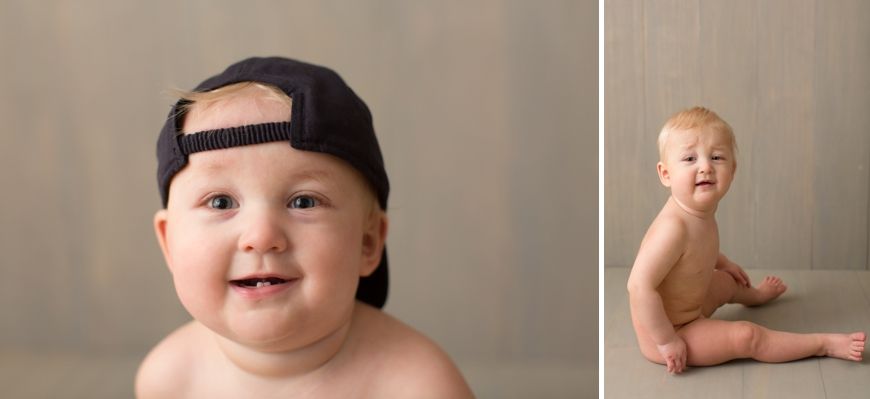 Two studio portraits of a baby wearing a backwards baseball cap and smiling at the camera.