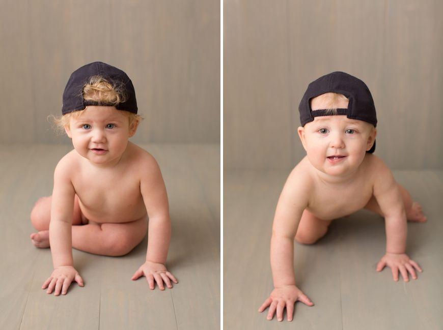 Side by side photos of a baby wearing a backwards baseball cap in different poses.