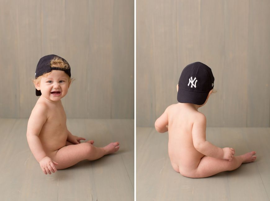 Studio portraits of a baby wearing a NY Yankees cap, shown from front and back views.