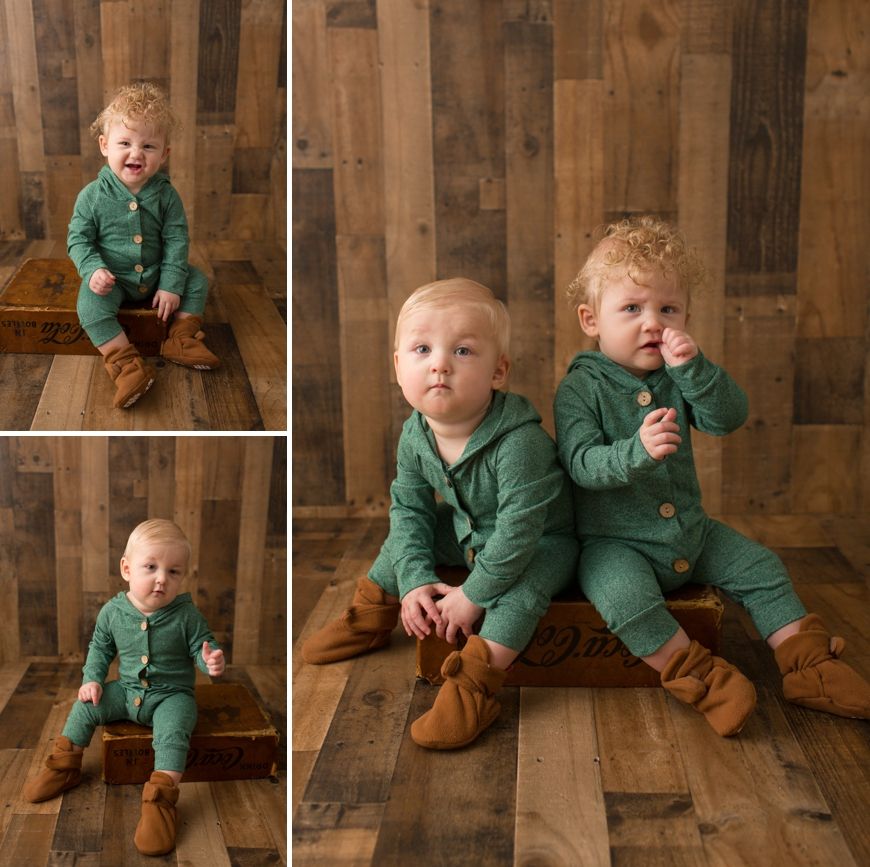 Collage of toddlers in matching green jumpsuits and brown boots sitting on wooden floor.