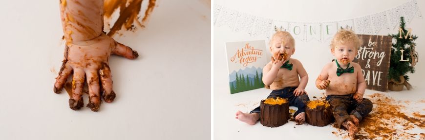 Close-up view of chocolate covered hands and a photo of cake smash setup with Christmas decorations.