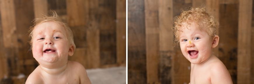 Side by side photos showing expressive reactions during bath time photoshoot.