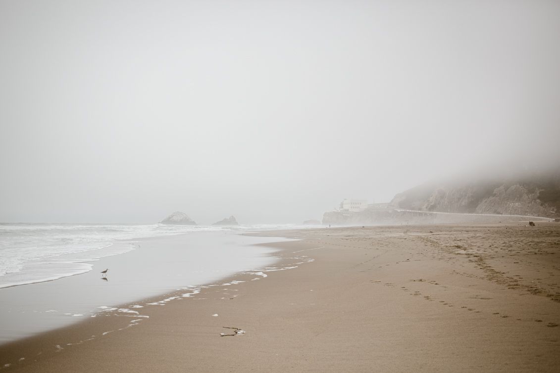 Foggy beach without people in San Francisco