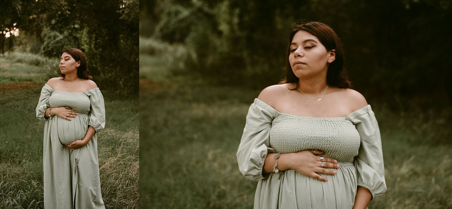 Side-by-side maternity portraits in moody outdoor setting.