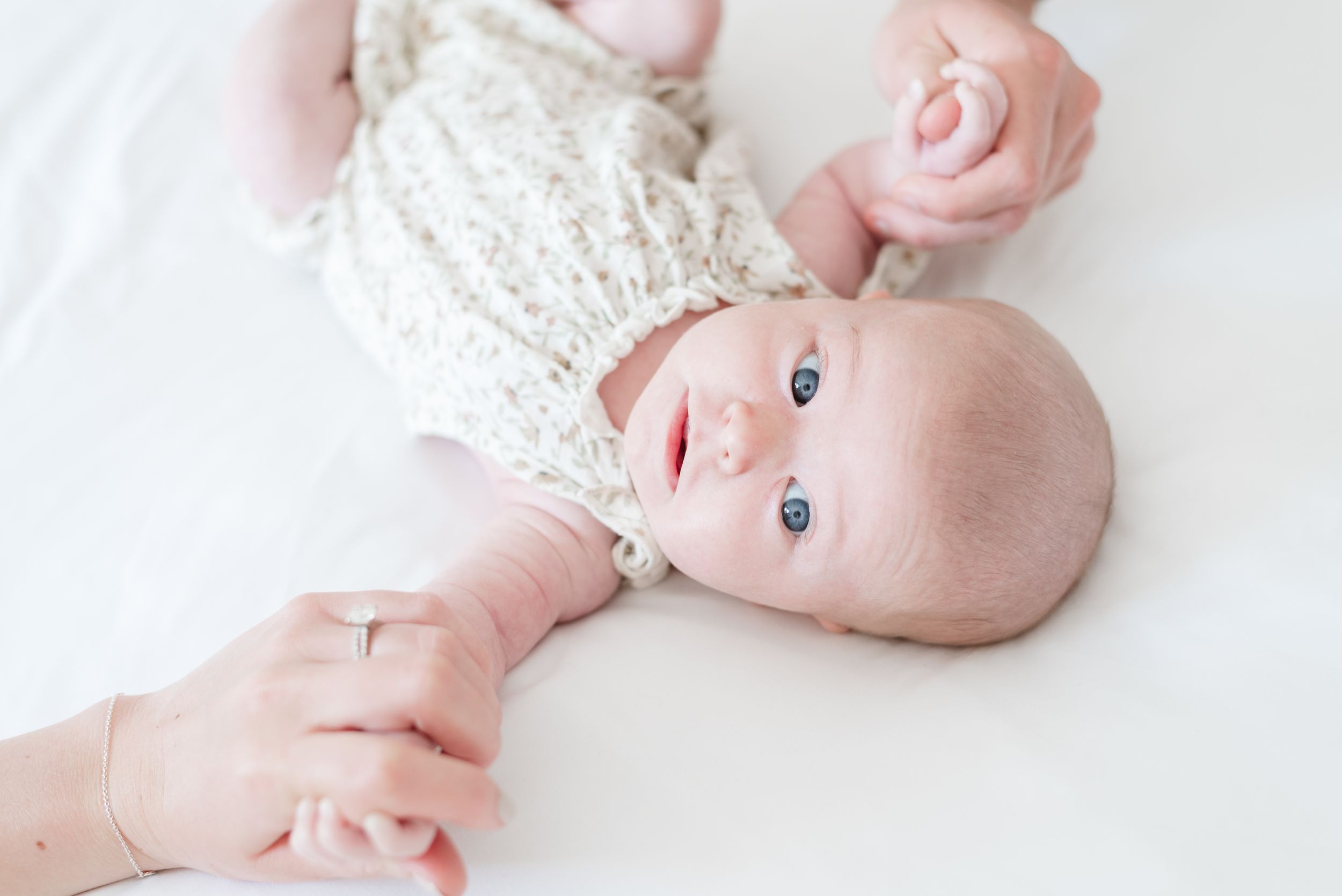 Baby holding parents hands at an in home newborn shoot captured by Toronto Newborn Photographer Jess GC Photography
