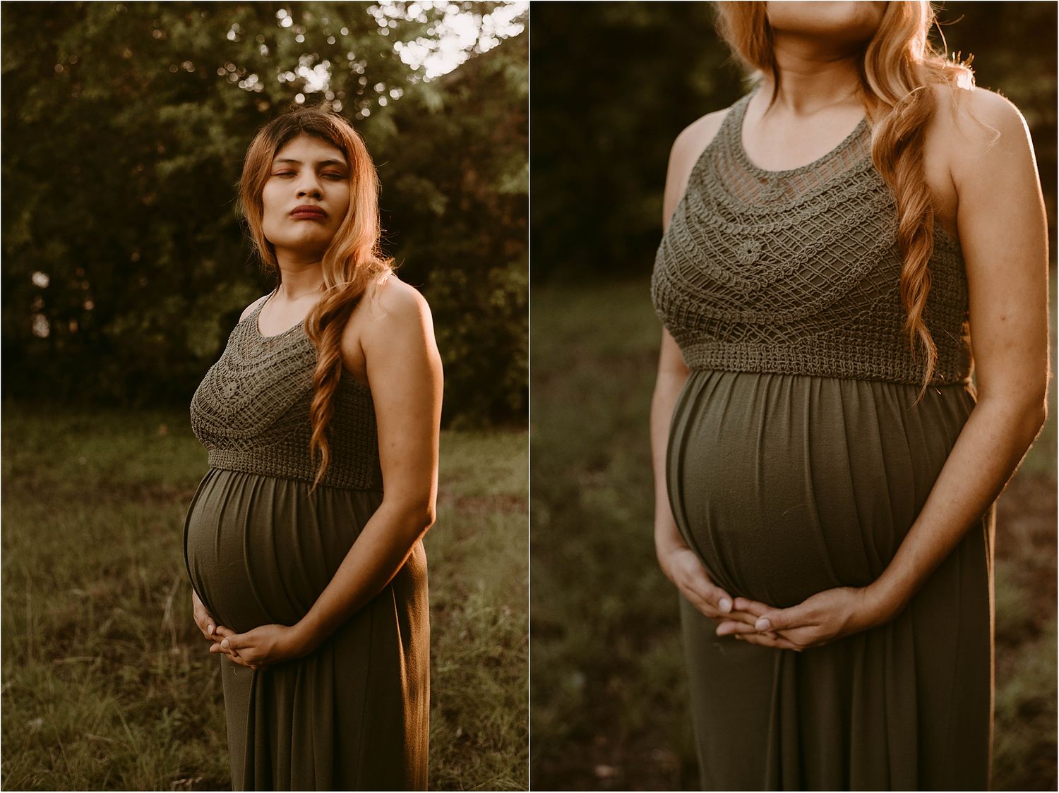 Detailed shots of olive green maternity dress with intricate neckline during sunset photoshoot.