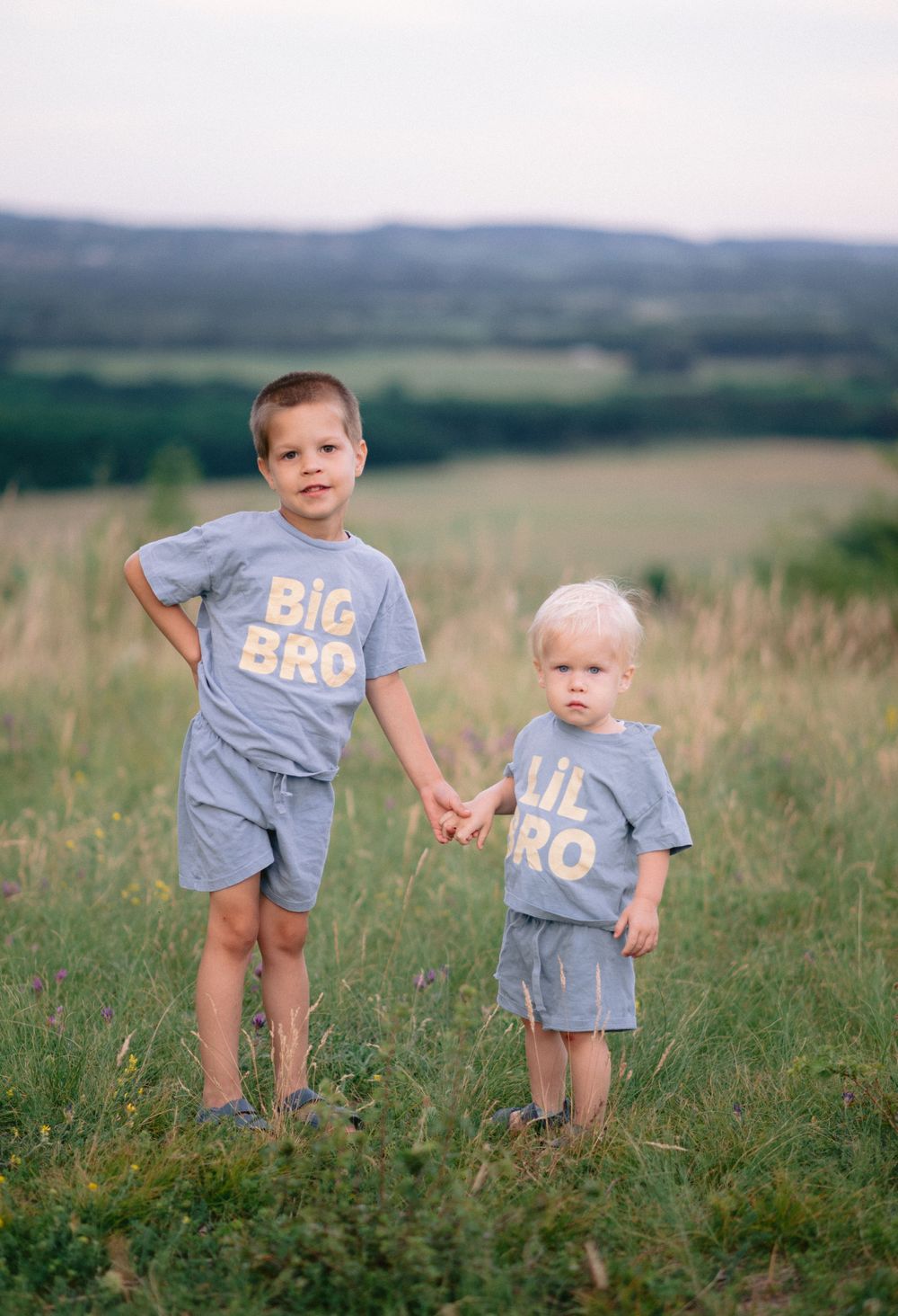 Two brothers wearing matching Big Bro and Lil Bro gray shirts hold hands in a green meadow.
