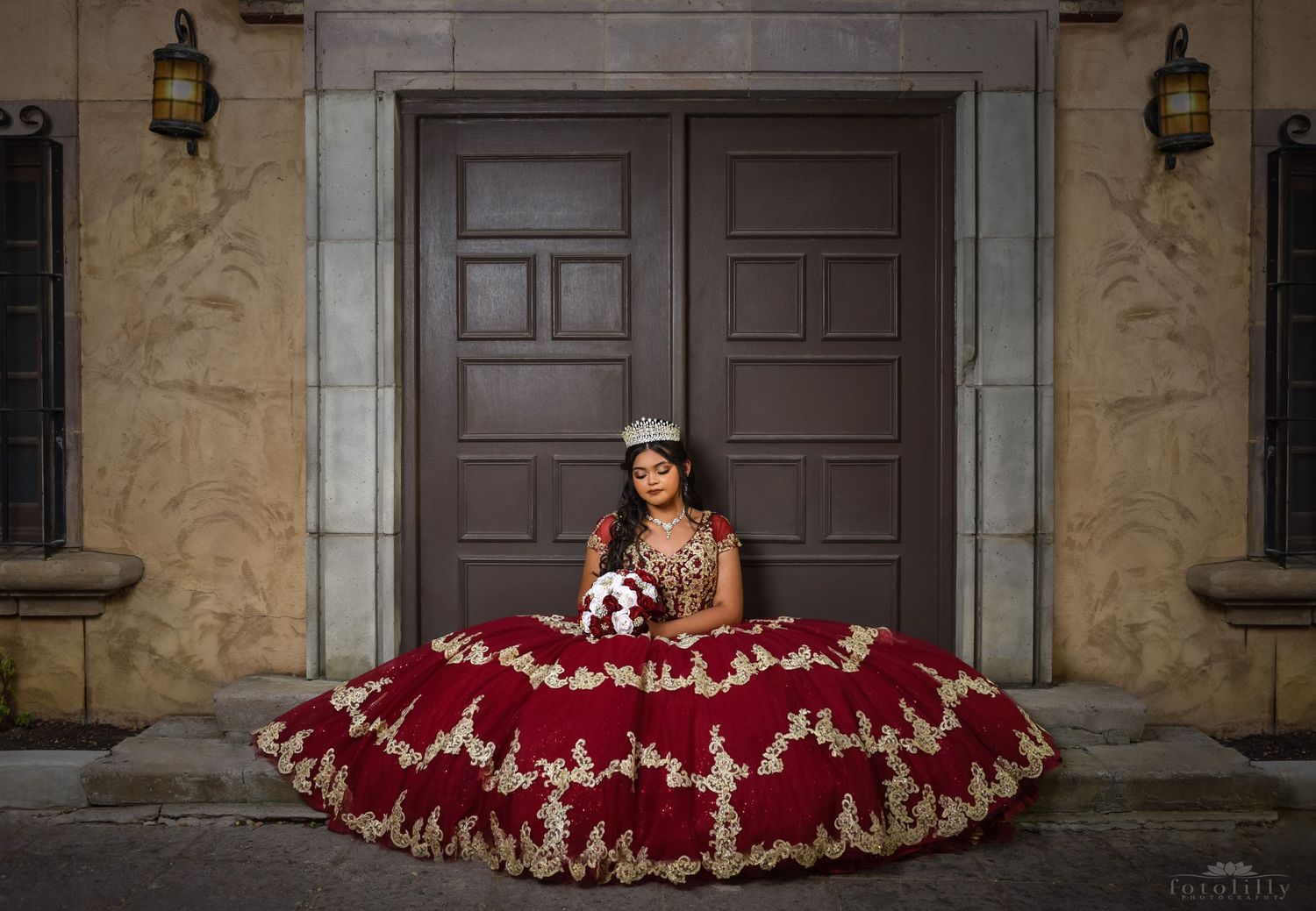 quinceanera photography session in red and gold dress fort worth dallas texas fotolilly photography