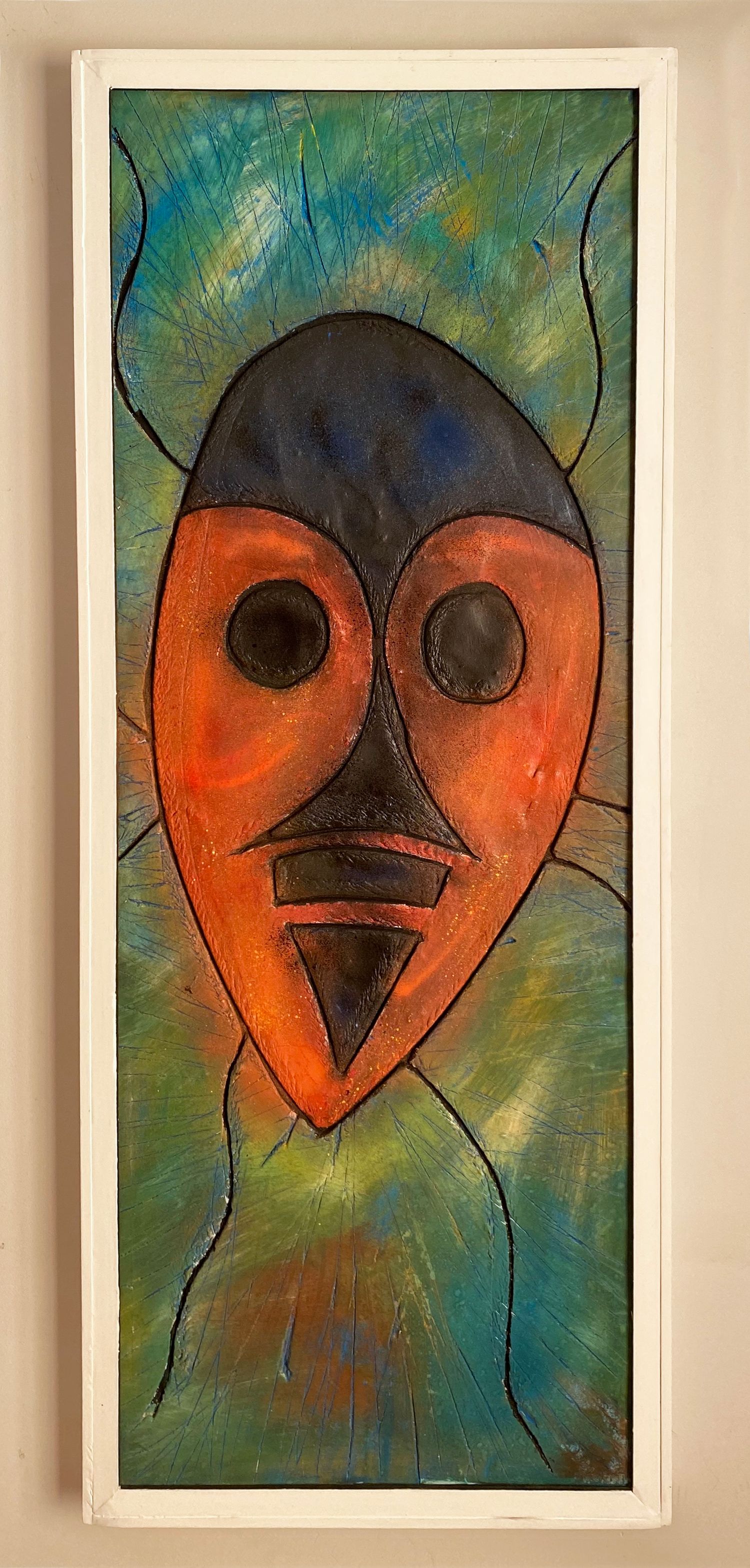 'God's Cow' mixed media painting on canvas. Bold black and red mask on a green background.