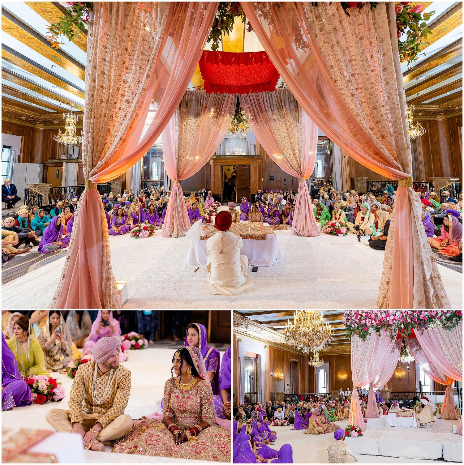 Luxurious Indian wedding mandap decorated with pink drapes and chandeliers in an elegant ballroom setting.