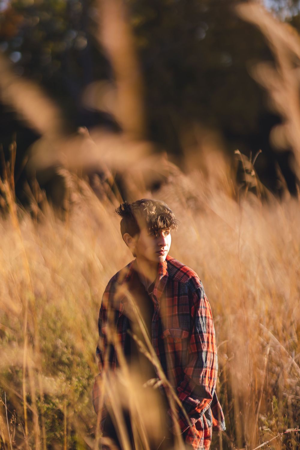 Artistic portrait through tall grass with red plaid shirt.