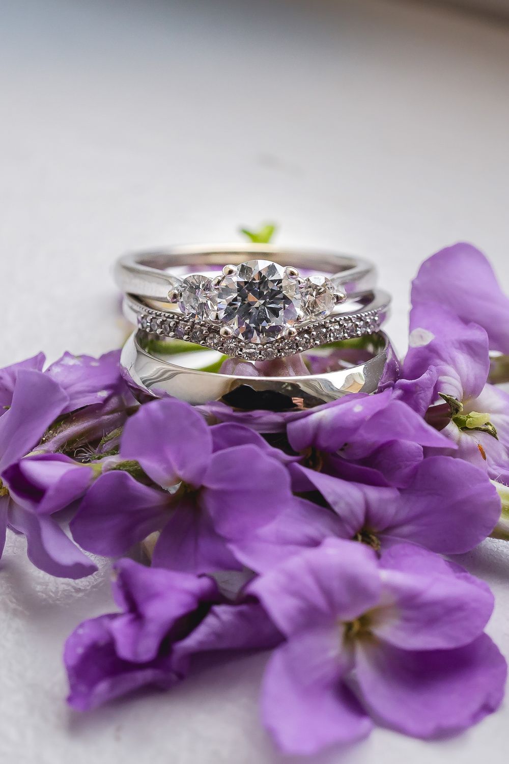 Wedding rings nestled among purple flowers in a romantic close-up shot.