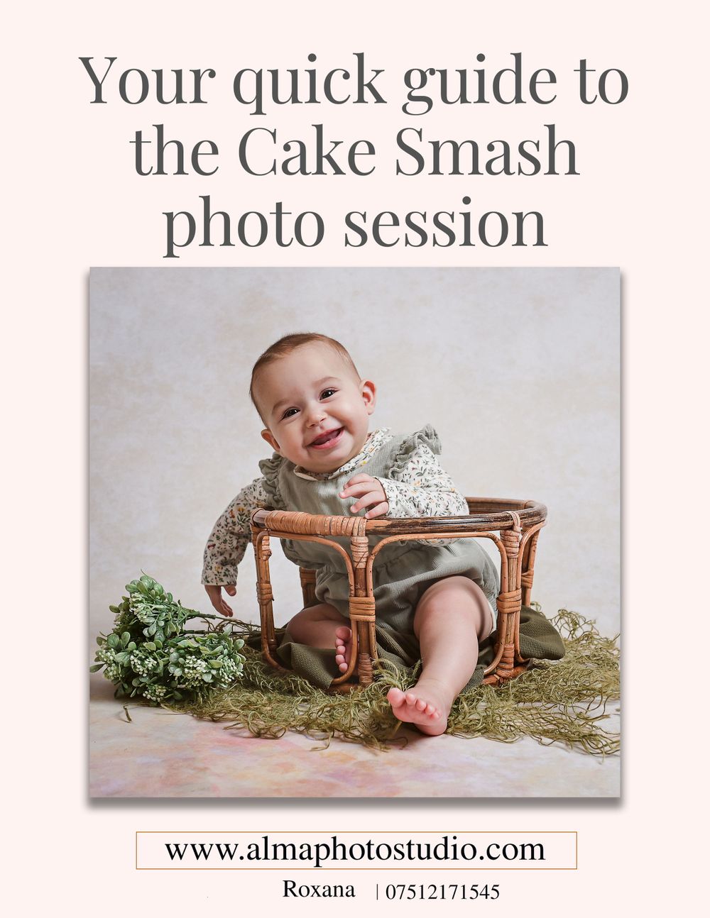 Marketing image for cake smash photo session featuring baby at decorative table.