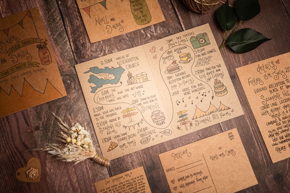 Handwritten wedding planning notes and sketches on brown paper with botanical accents.