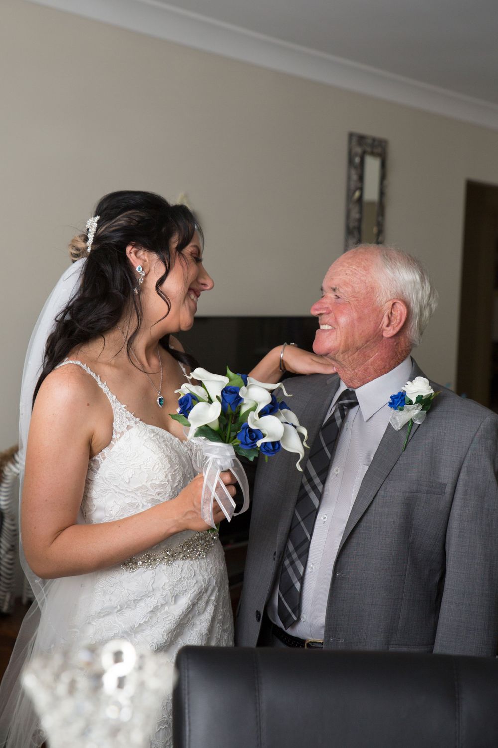 A loving couple in wedding attire share tender moments in a sequence of candid shots.