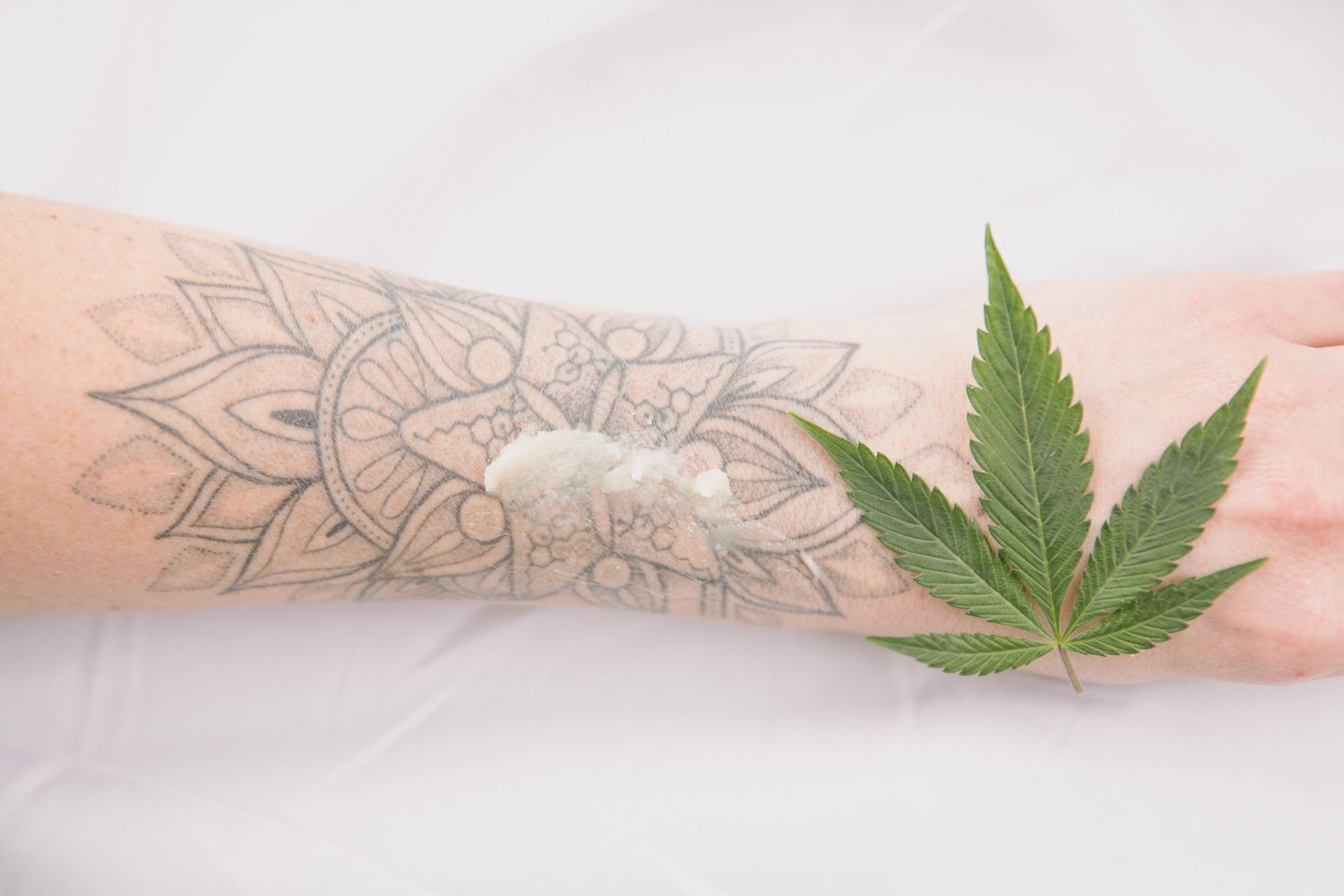 Cannabis leaf and white cream on tattooed forearm with mandala design on white background.