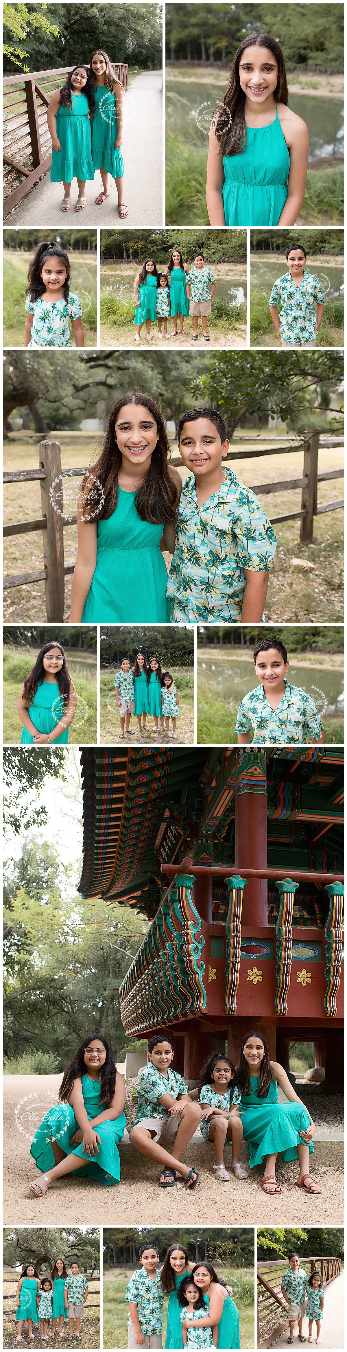 Family photo collection in coordinated teal and floral outfits at outdoor park setting.