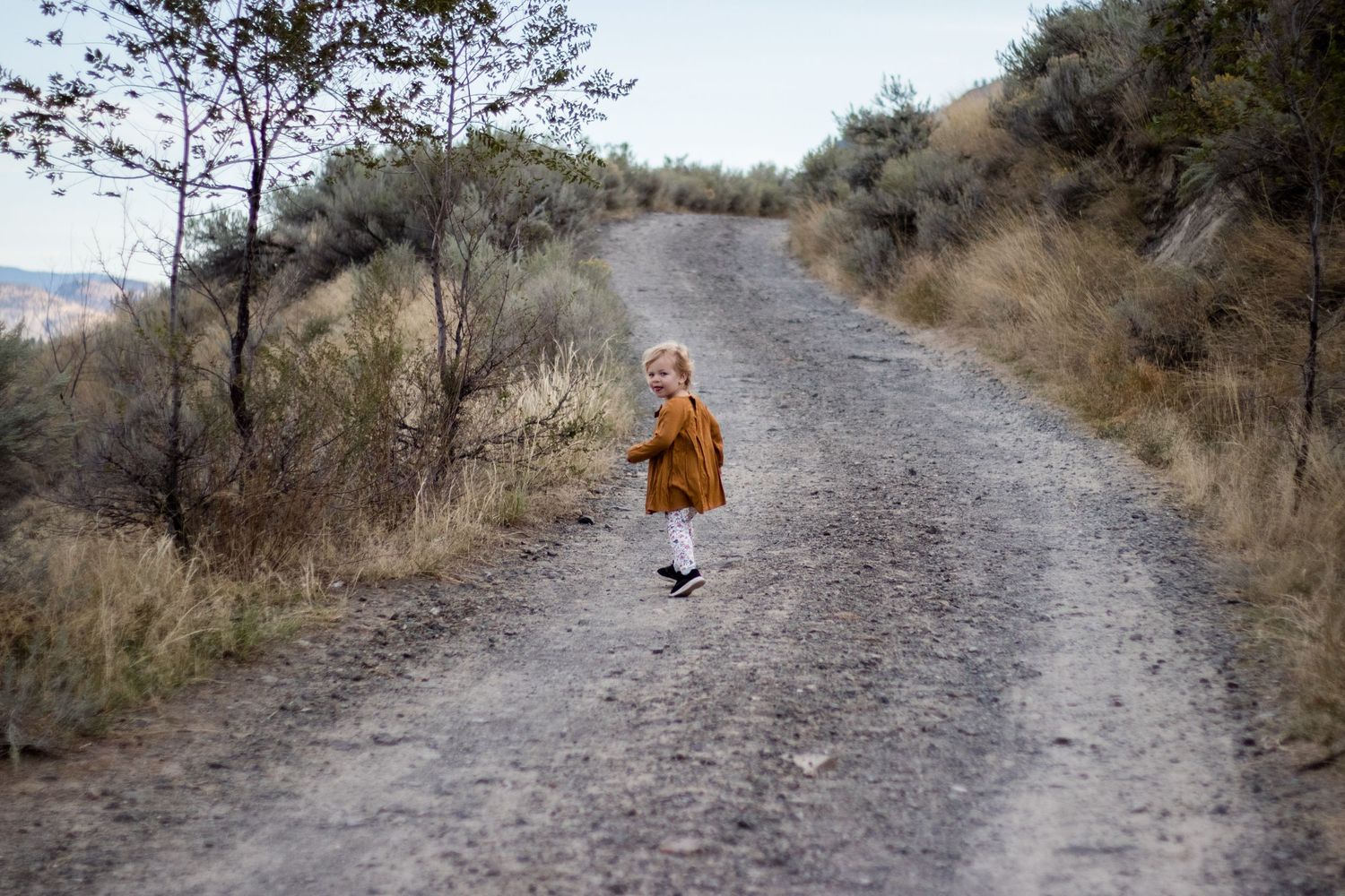 Toddler girl in a rust-colored coat walking alone on a wide rural dirt path surrounded by dry brush.