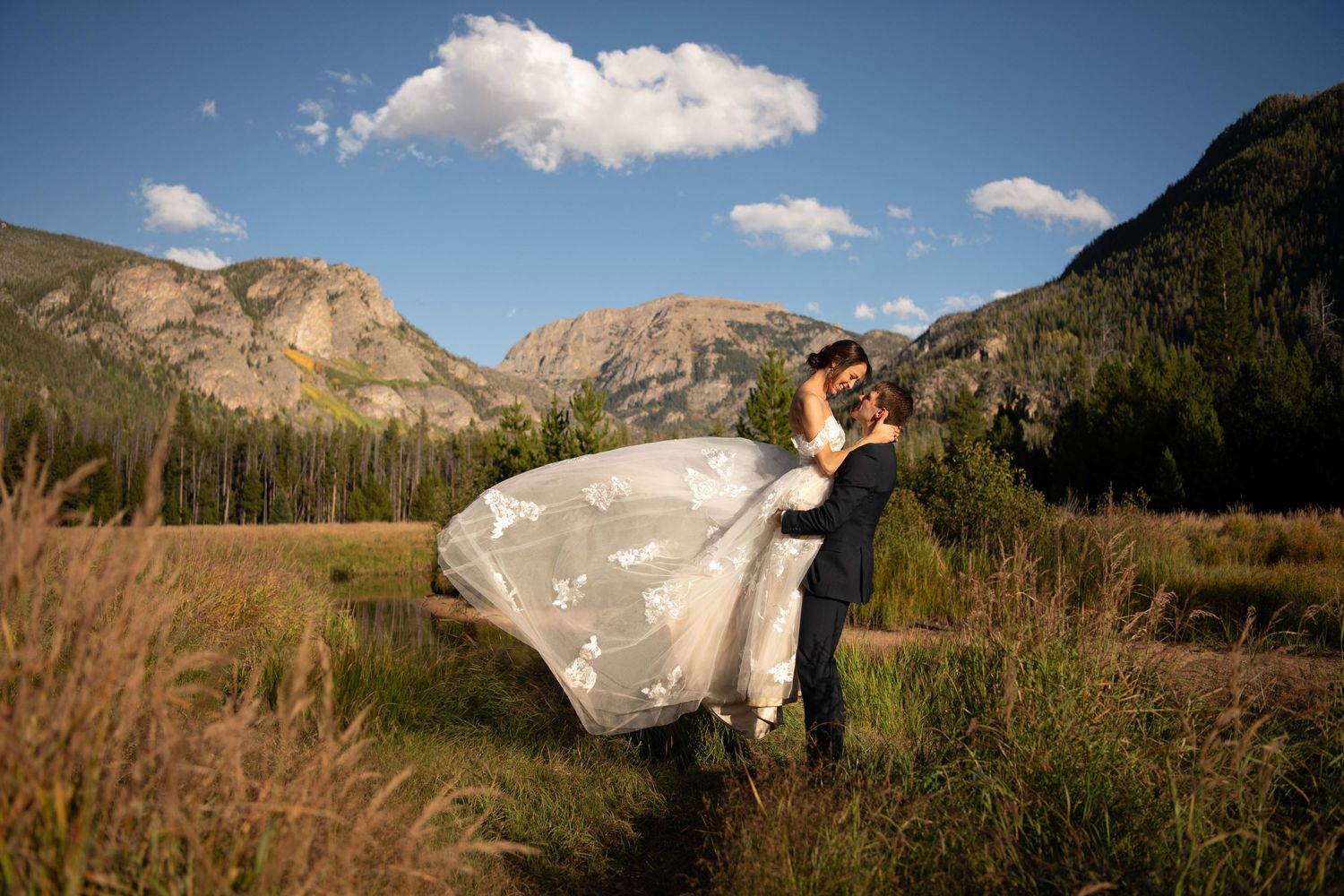 Destination wedding photography in Colorado bride and groom lovingly staring at each other in the mountains