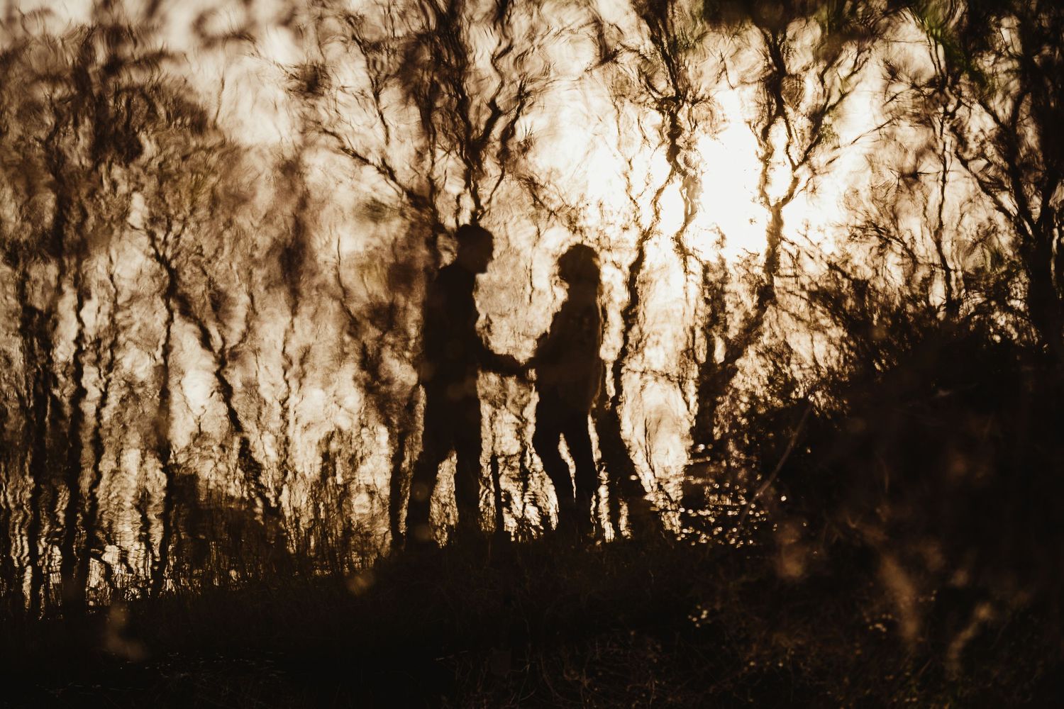 Silhouettes of figures stand together against a bright sunset through trees in a moody atmospheric scene.