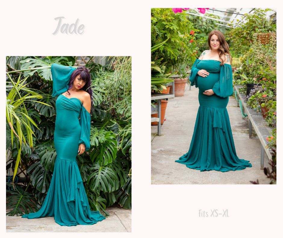 Teal mermaid style maternity gown with off-shoulder design in greenhouse setting.