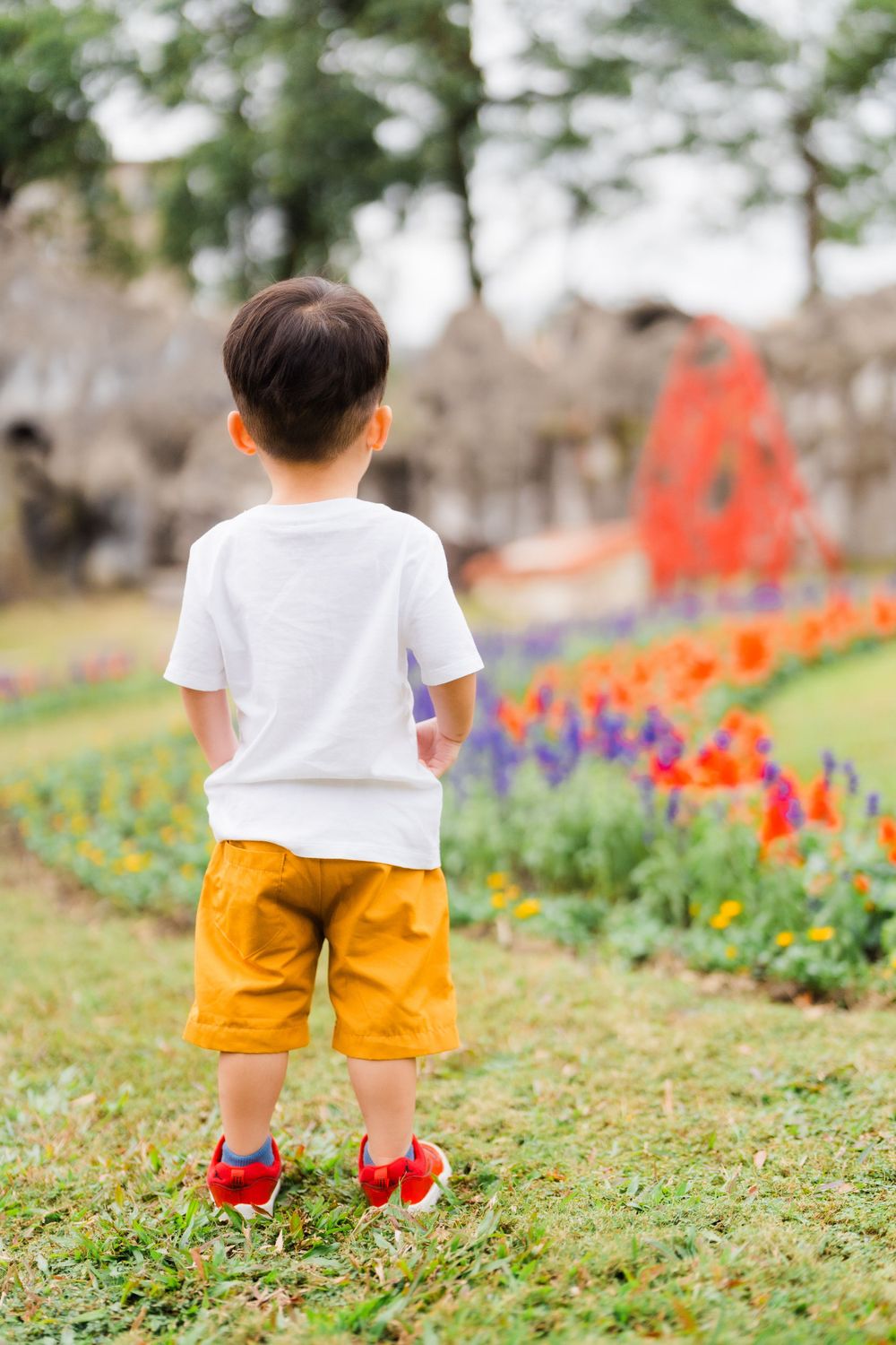 Child in white shirt and yellow shorts standing in front of colorful flower garden.