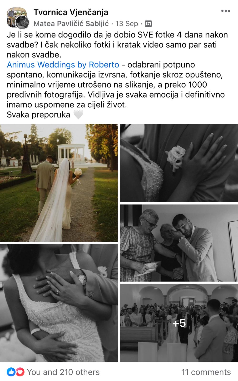 Wedding photography social media post showing black and white images with engagement statistics.