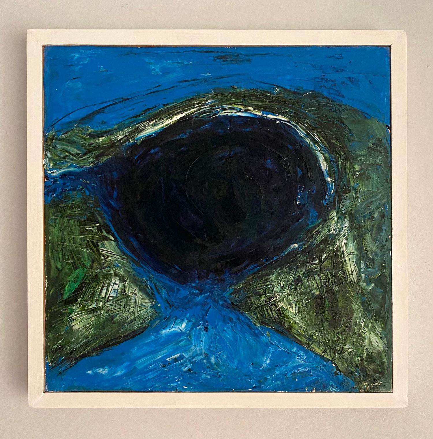 'Oceanic Blue Hole II' mixed media painting on canvas. Body of water on a green background.