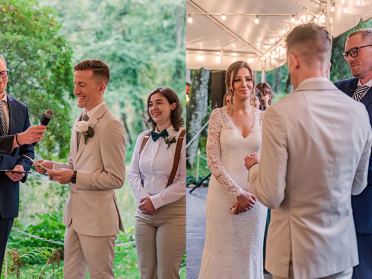 Photos of groom reading vows during wedding ceremony and bride's reaction