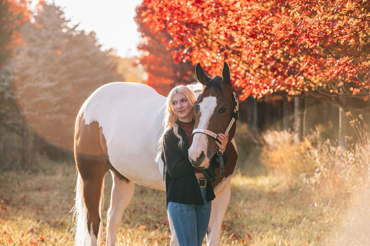 Senior posed with horse during golden hour in fall leaves