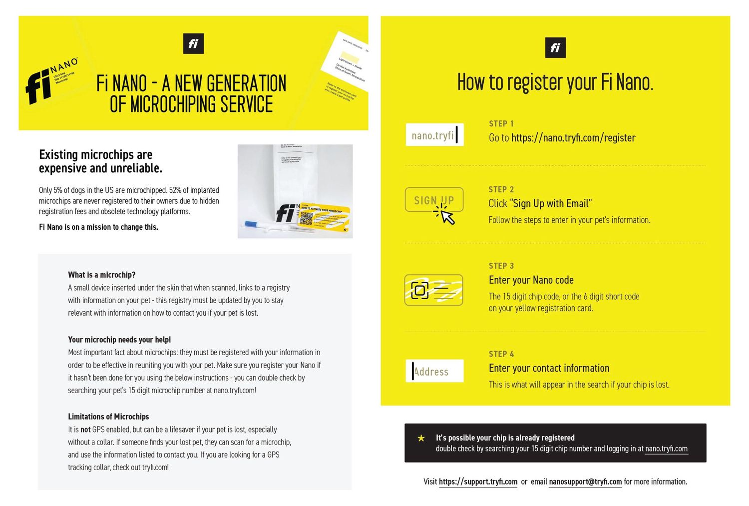 Fi Nano microchipping service promotional flyer showing product details and registration instructions.