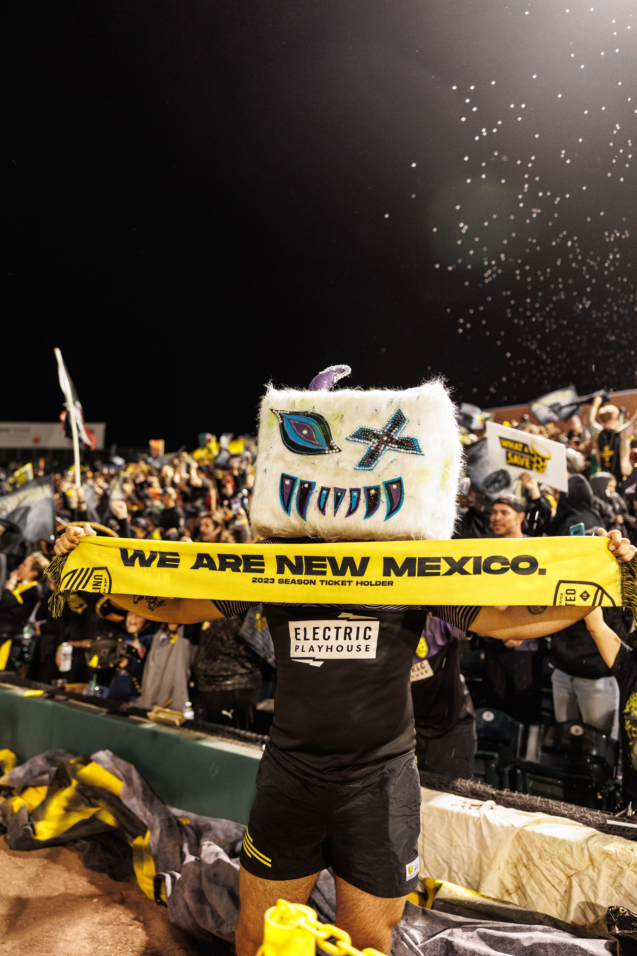 Fan holds We Are New Mexico banner wearing unique monster mask at soccer match.