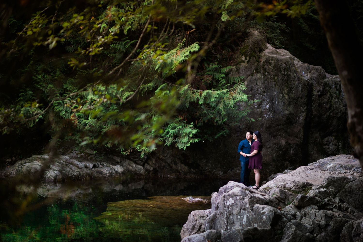 A romantic engagement photo of a couple standing on rocks by a serene forest pond.