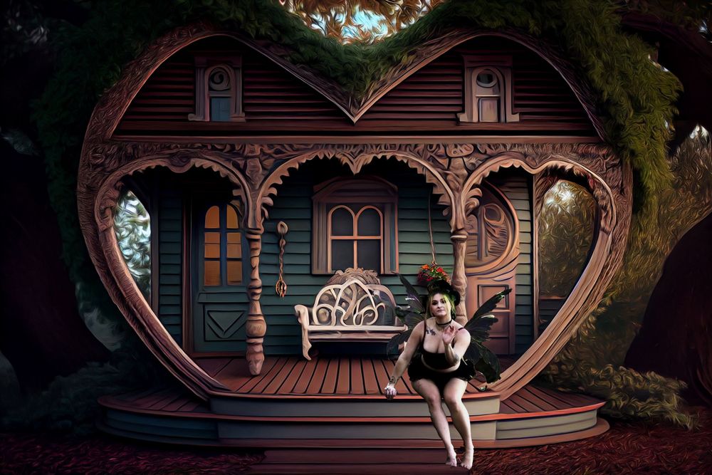 A fairy sits in front of a heart shaped nature house.