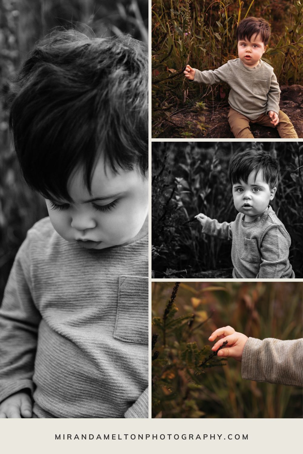 Collage of 4 photos of a one-year-old boy taken by the best Twin Cities Family Photographer in Chaska, MN