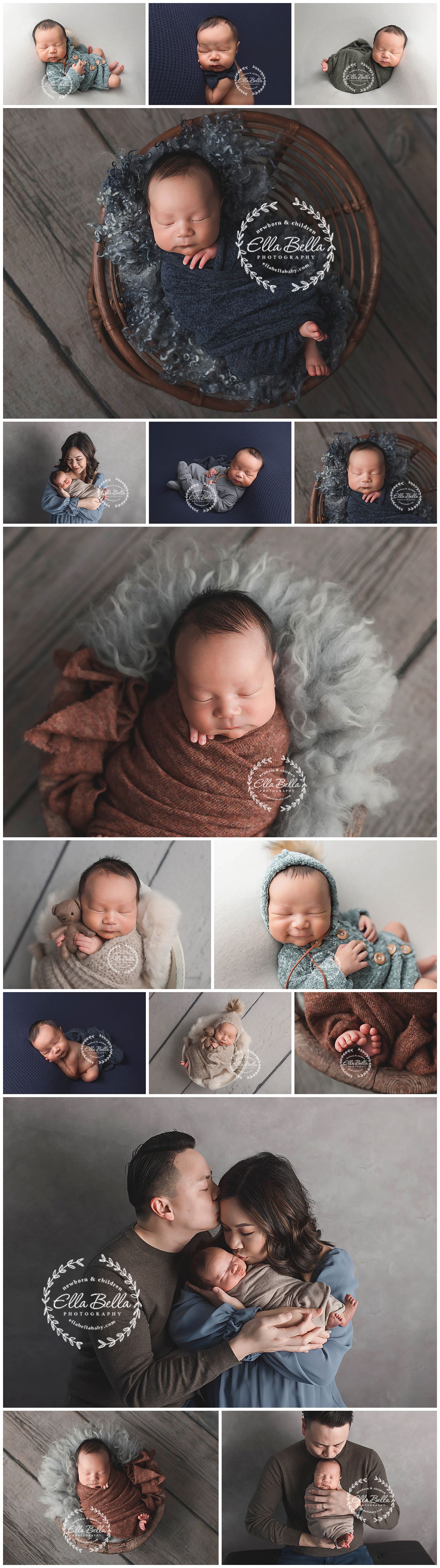 Professional newborn photo session with navy and neutral tones in studio setting.