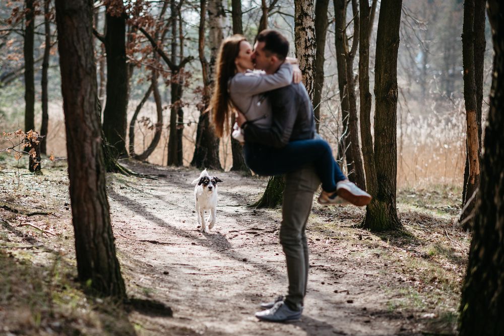 Playful forest trail moment with small white dog watching nearby.
