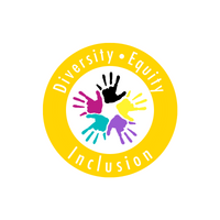 Diversity and inclusion circular emblem with colorful handprints in yellow background.