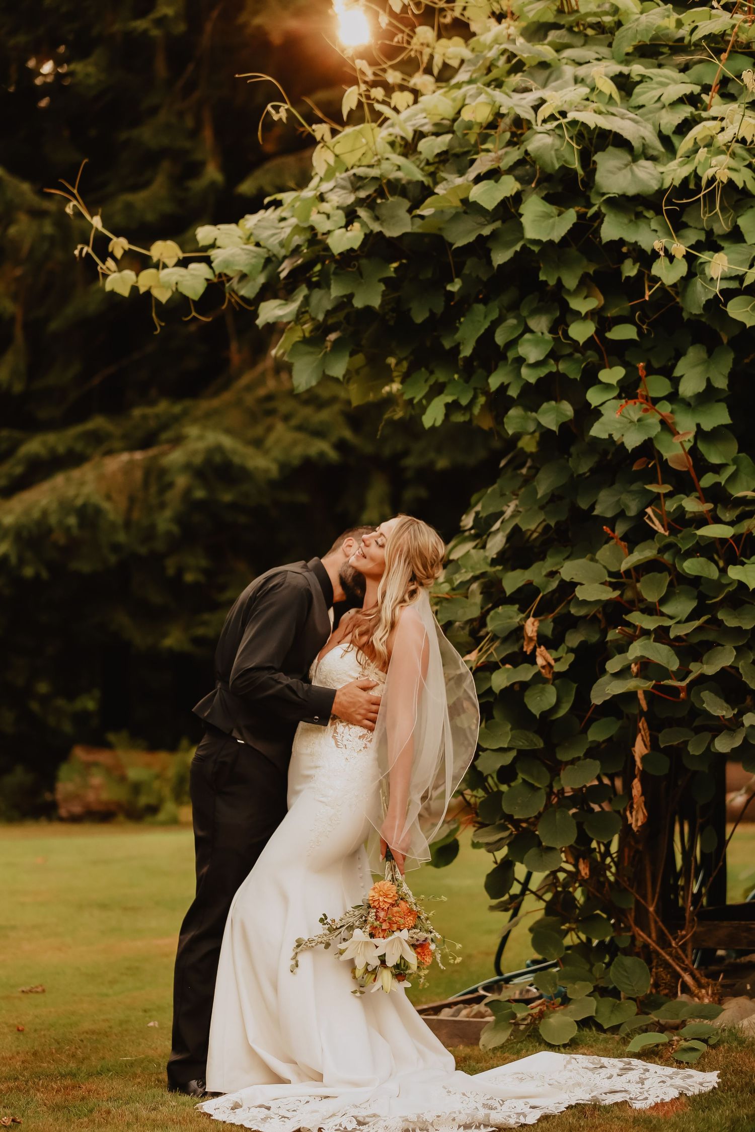 A romantic wedding couple embraces beneath lush green vines at sunset.